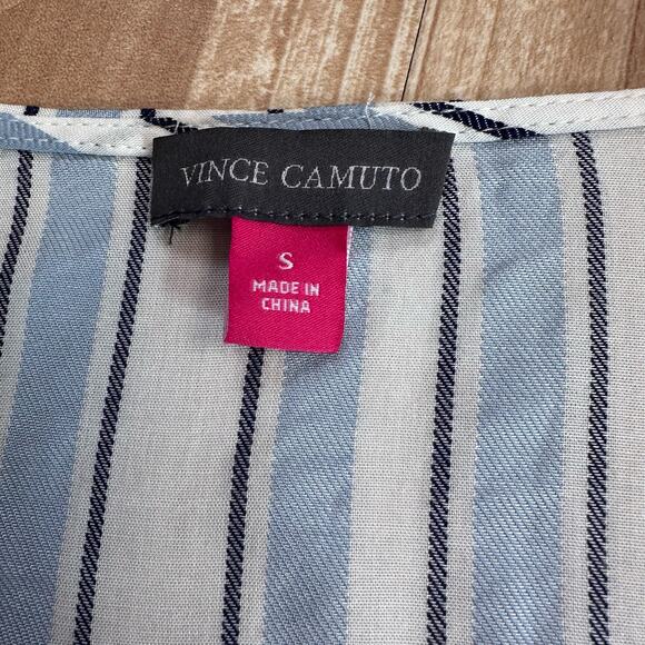 Vince Camuto Blue White Stripe Top Womens S Round Neck Button Front Short Sleeve - Picture 5 of 6
